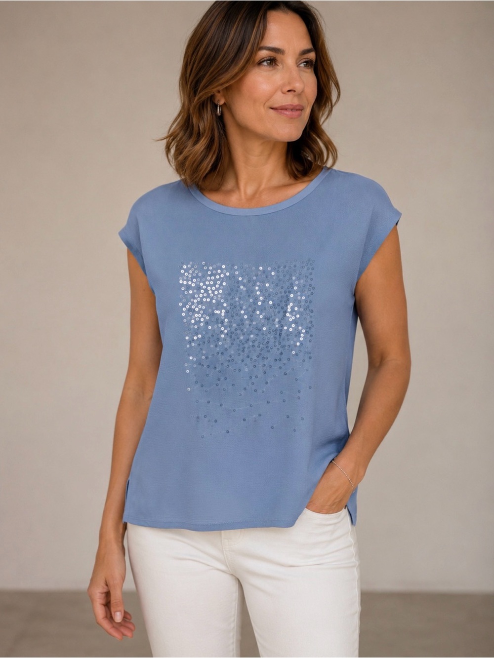 Laura petites Blue Short Sleeve Sequin Front Top
